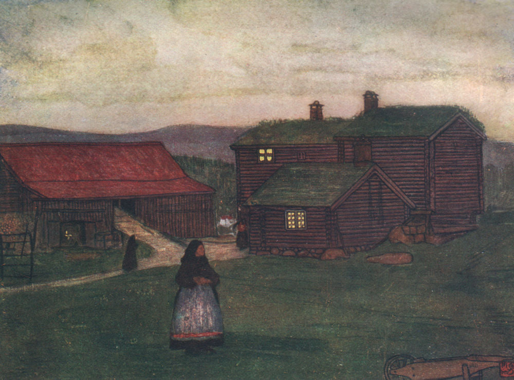 'Farmhouse built of poles' by Nico Jungman. Norway 1905 old antique print